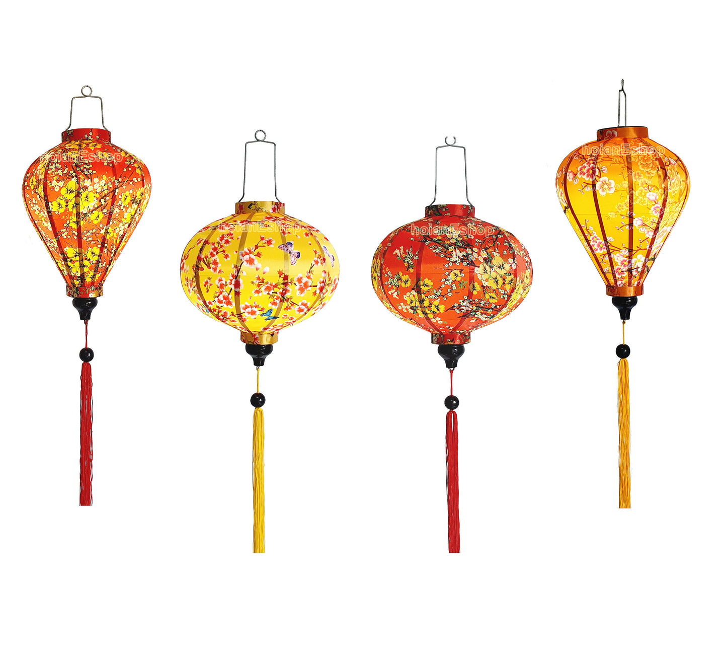 4 Vietnamese Hoi An Silk Lanterns with Apricot flowers fabric - Cherry blossom fabric - New Year Decorations - TET Decorations