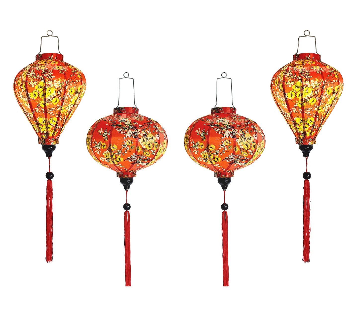 4 Vietnamese Hoi An Silk Lanterns with Apricot flowers fabric - Cherry blossom fabric - New Year Decorations - TET Decorations