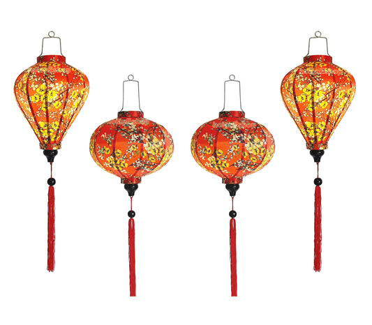 4 Vietnamese Hoi An Silk Lanterns with Apricot flowers fabric - Cherry blossom fabric - New Year Decorations - TET Decorations