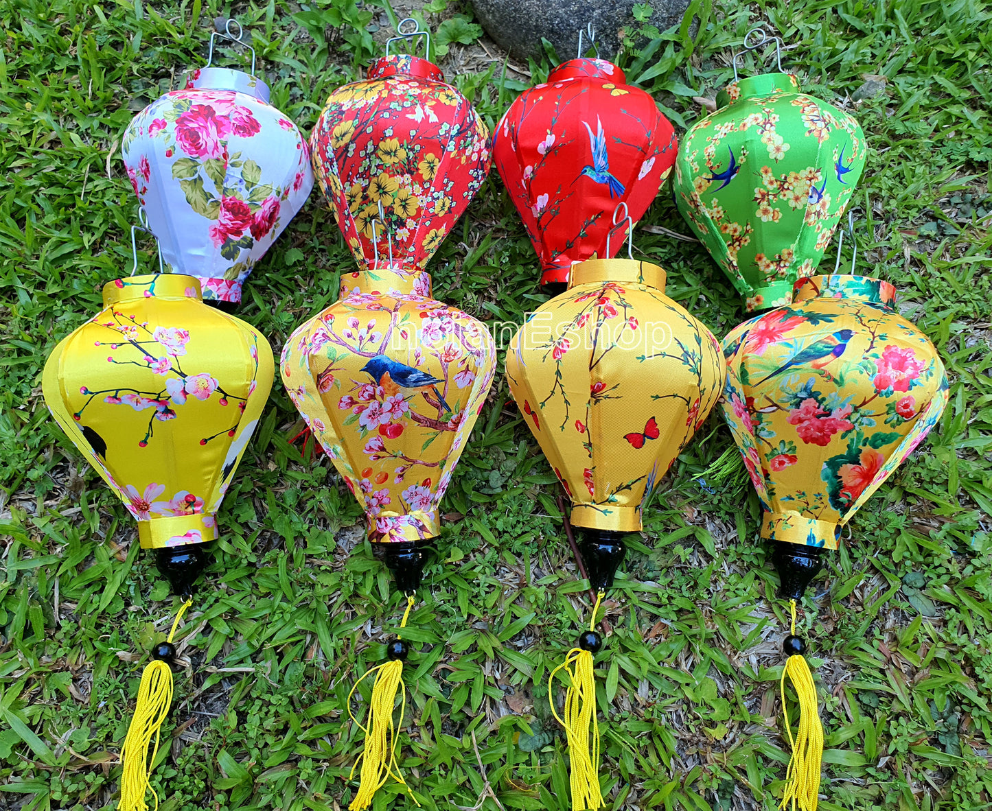 Set of 8 Hoi An bamboo silk lanterns 22cm - Mix shape and color - Personalization - Patio decoration - Wedding lanterns - Garden lanterns