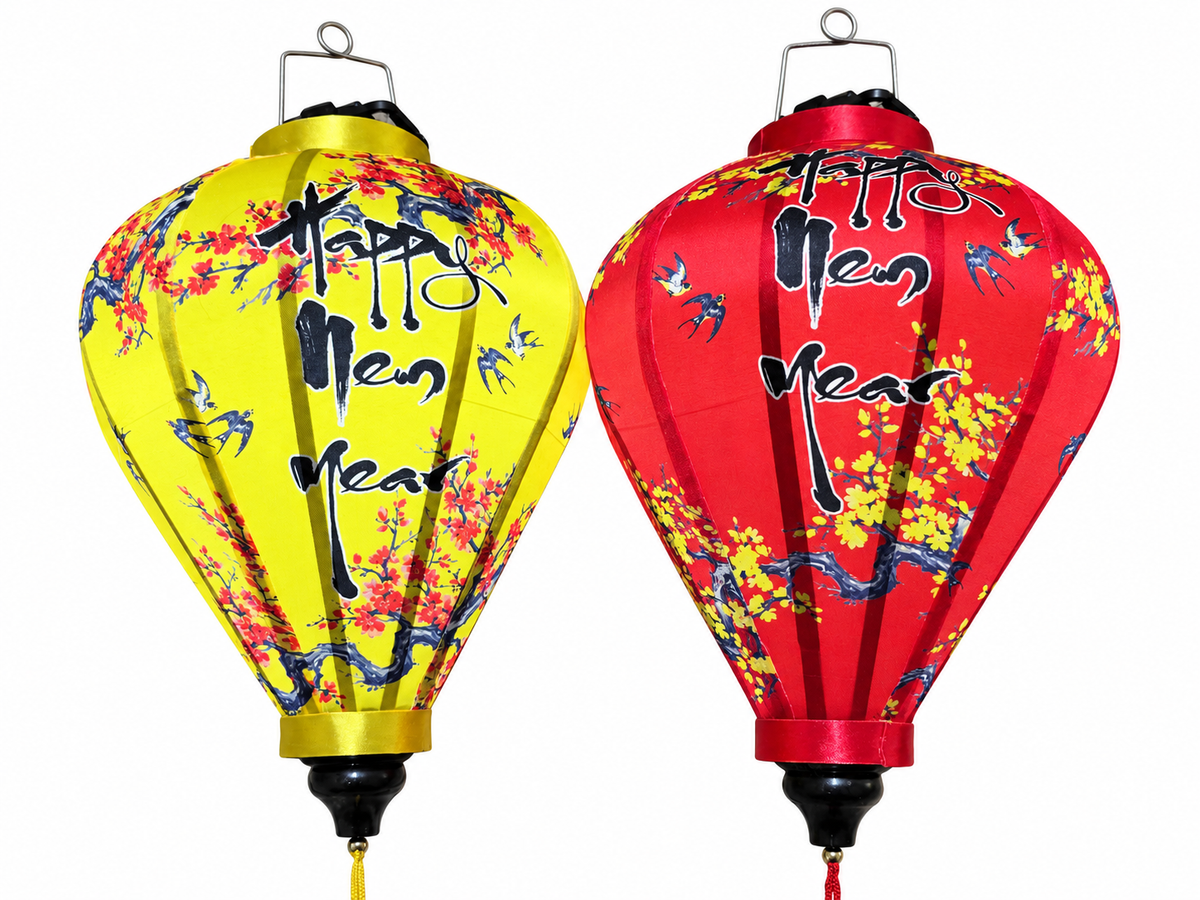 Set of 50 Vietnamese Lanterns with Yellow Apricot Blossom Prints and “Happy New Year” - Lunar New Year Decorations