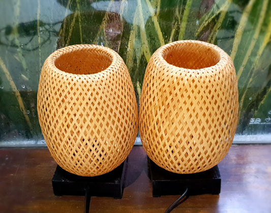 Set of 2 pcs bamboo bedside lamp (20cm) with light bulb and dimmer for home decor - wedding decoration