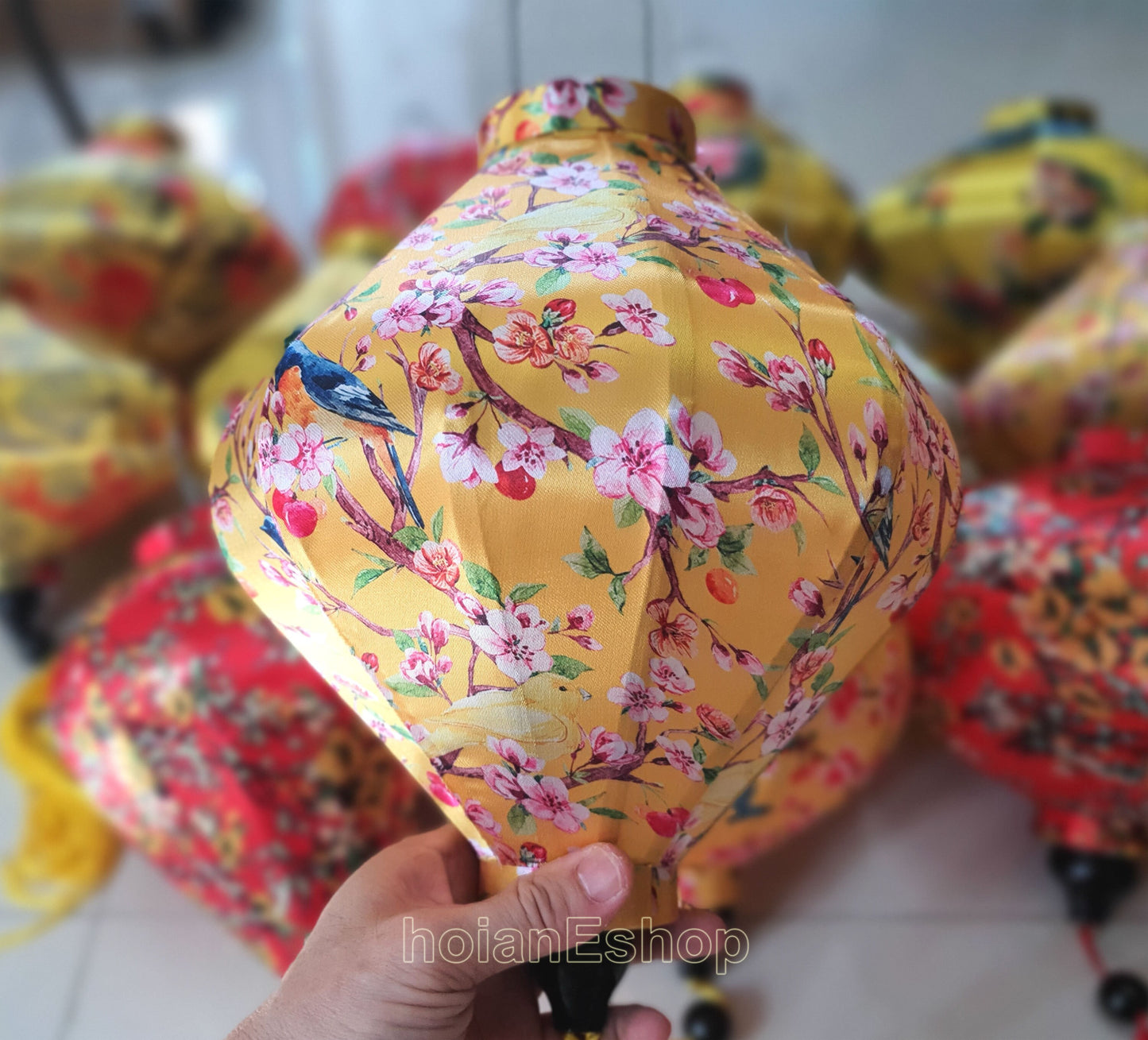 Set 12 Vietnam silk lanterns for New Year Decor - TET Decor - Wedding decorations - yellow apricot flowers - cherry blossom