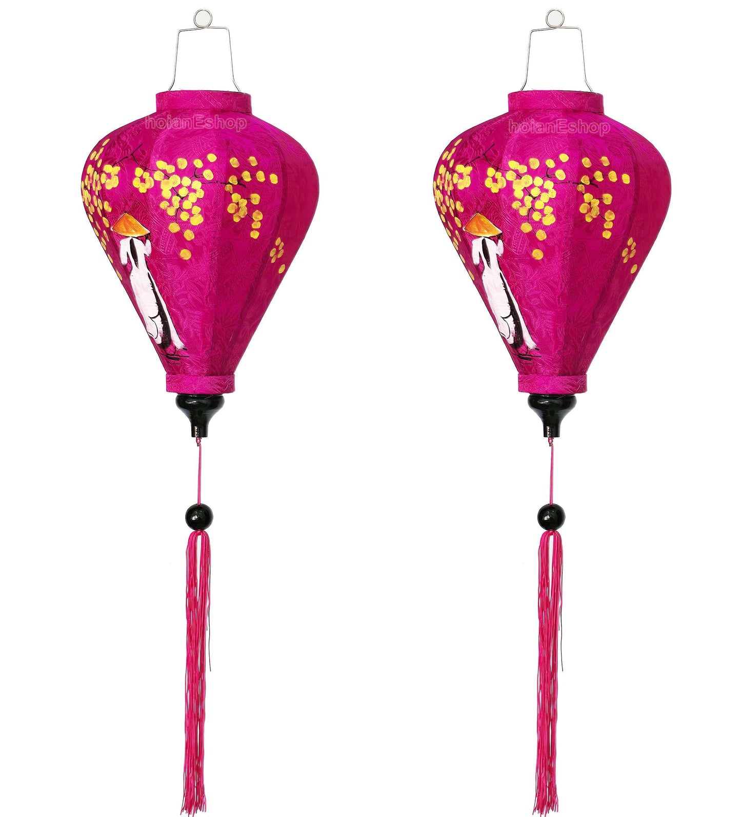 Set 2 bamboo silk lanterns 35cm for wedding party decor - Lanterns for restaurant decor - Hand Painting Vietnamese girl with Ao Dai