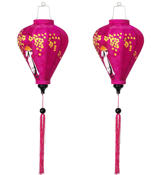 Set 2 Vietnamese silk lanterns 35cm for wedding party decor - Lanterns for restaurant decor -- Painting Vietnamese girl with Ao Dai
