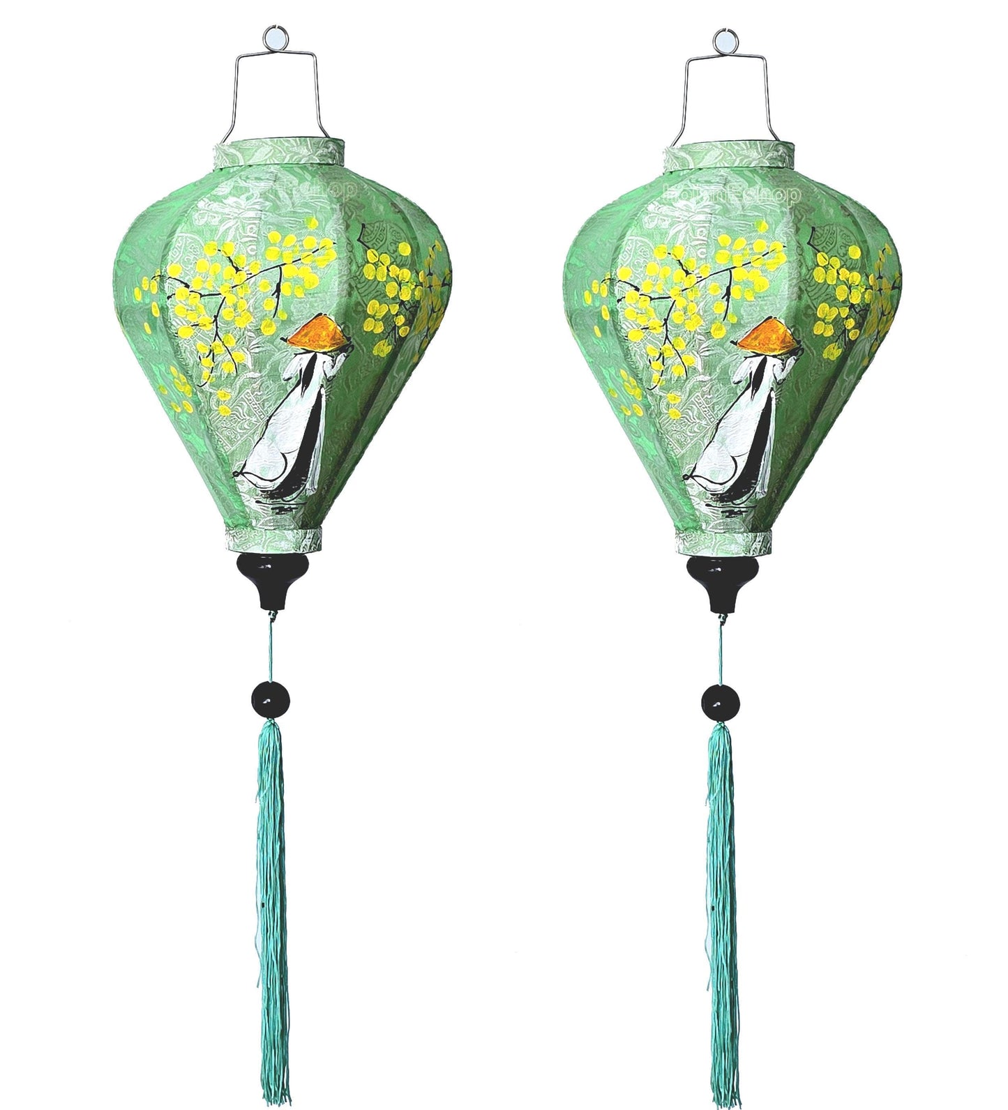 Set 2 Vietnamese Hoi An silk lanterns 35cm for restaurant decoration - handpainted lanterns Vietnamese girl Ao Dai - Lantern for wedding