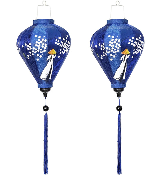 Set 2 bamboo silk lanterns 35cm for wedding party decor - Lanterns for restaurant decor - Hand Painting Vietnamese girl with Ao Dai
