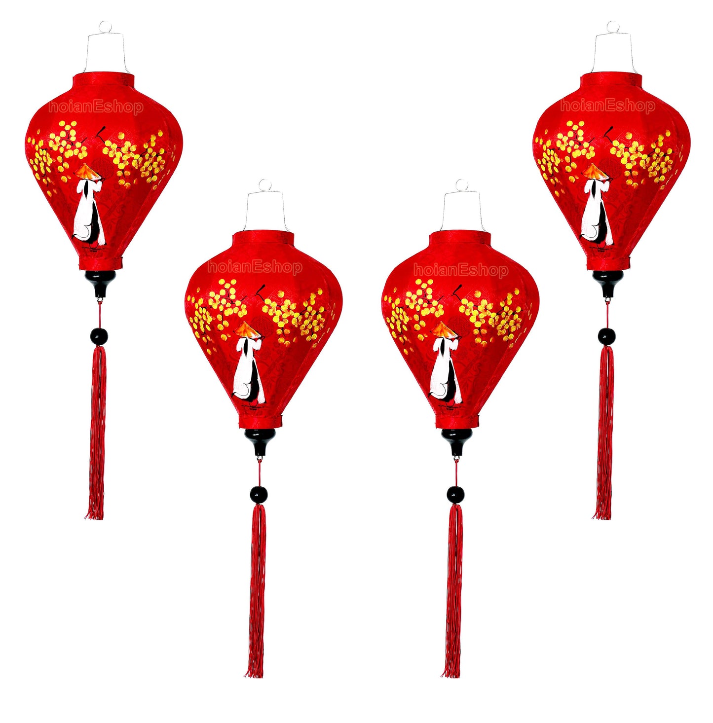 Set of 4 Vietnamese Hoi An silk lanterns 35cm - Customized lanterns with a Vietnamese girl in Ao Dai Vietnam painting - Personalized lantern