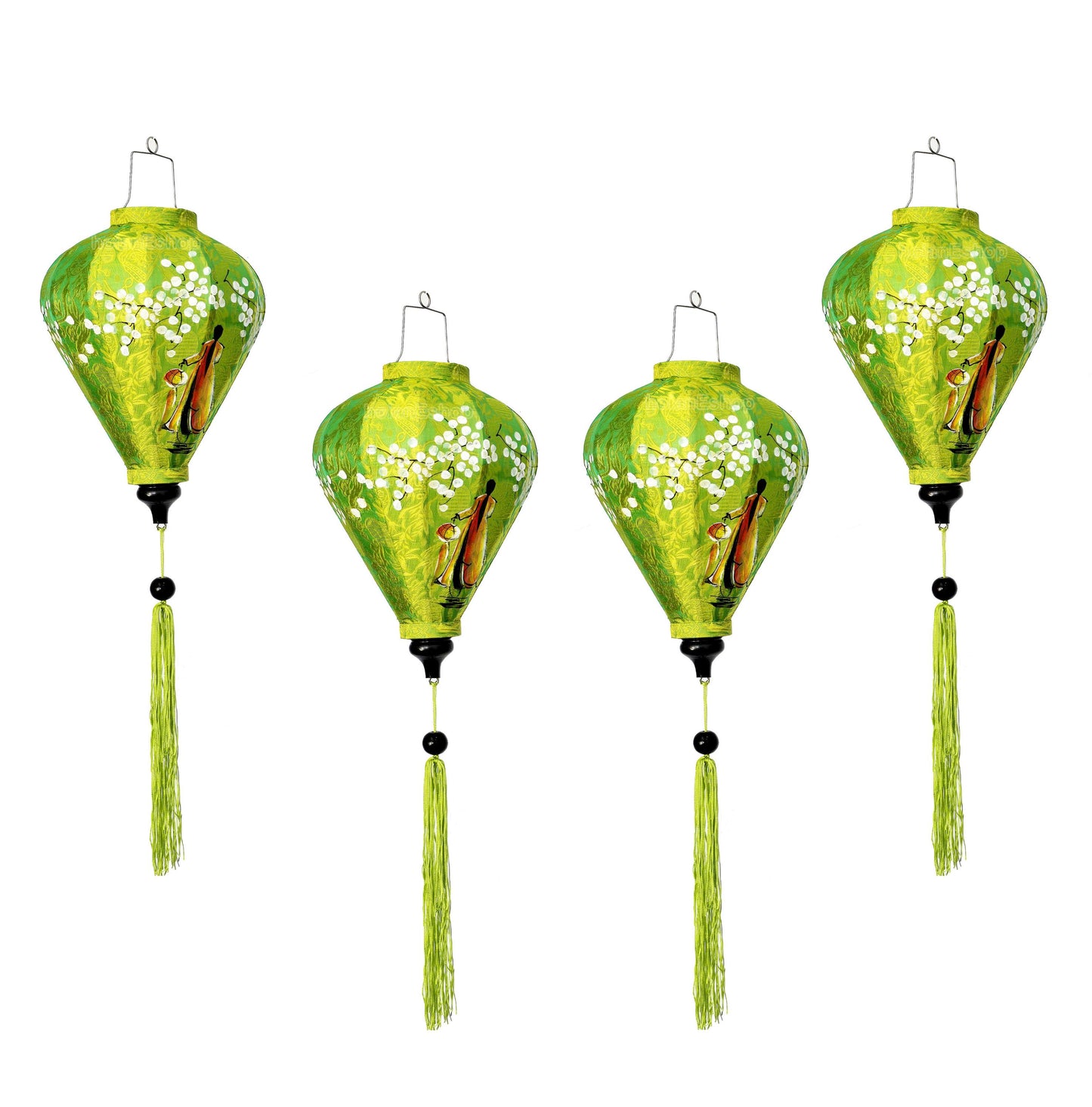 Set of 4 Vietnamese Hoi An silk lanterns 35cm - Customized lanterns with a Vietnamese girl in Ao Dai Vietnam painting - Personalized lantern
