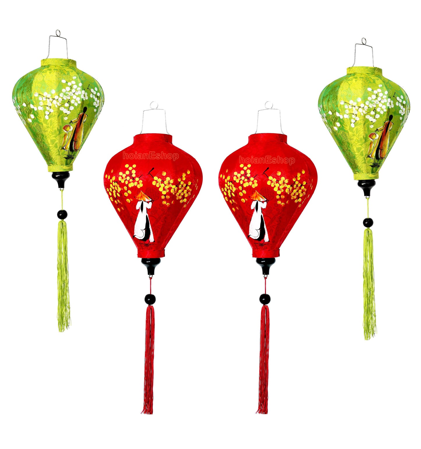 Set of 4 Vietnamese Hoi An silk lanterns 35cm - Customized lanterns with a Vietnamese girl in Ao Dai Vietnam painting - Personalized lantern