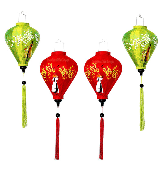 Set of 4 Vietnamese Hoi An silk lanterns 35cm - Customized lanterns with a Vietnamese girl in Ao Dai Vietnam painting - Personalized lantern