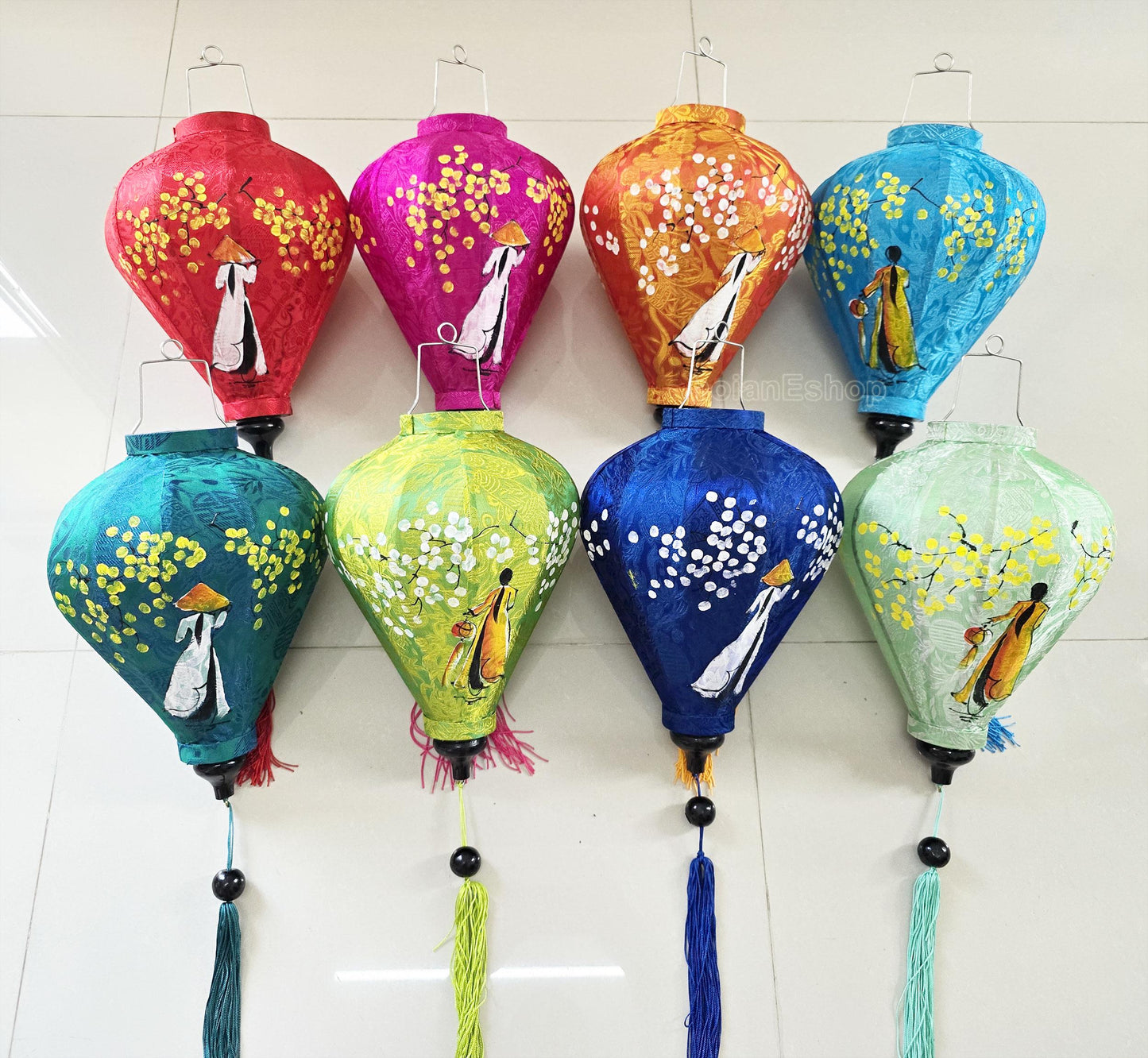 Set of 4 Vietnamese Hoi An silk lanterns 35cm - Customized lanterns with a Vietnamese girl in Ao Dai Vietnam painting - Personalized lantern