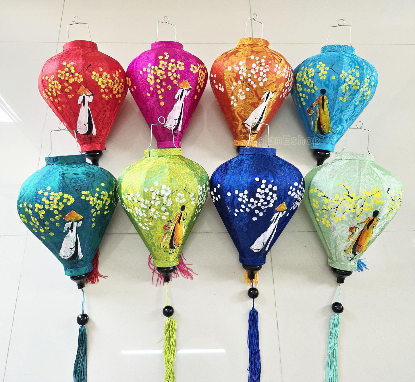 Set of 4 hoi an bamboo silk lanterns 35cm - Blue lanterns with a Vietnamese girl in Ao Dai - hand painting lantern- Personalized lantern