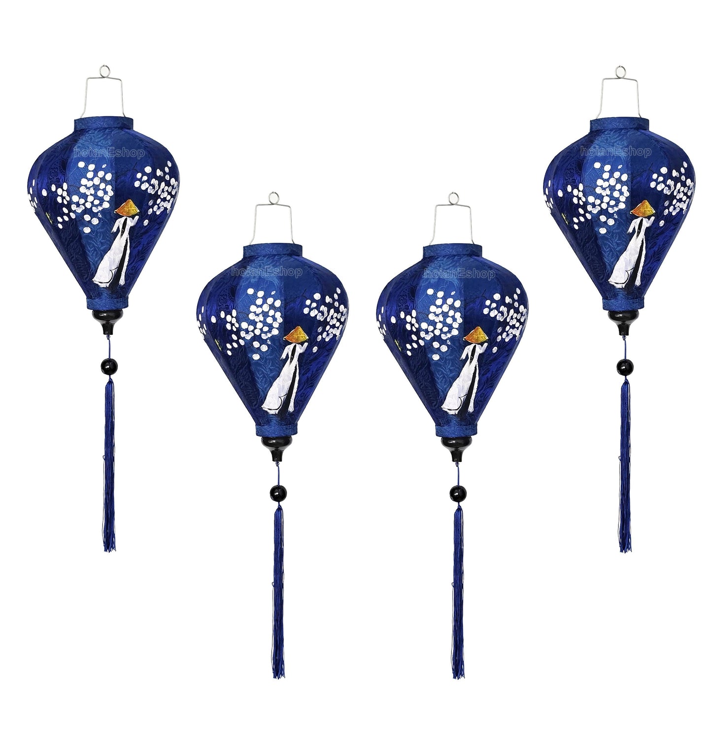 Set of 4 hoi an bamboo silk lanterns 35cm - Blue lanterns with a Vietnamese girl in Ao Dai - hand painting lantern- Personalized lantern
