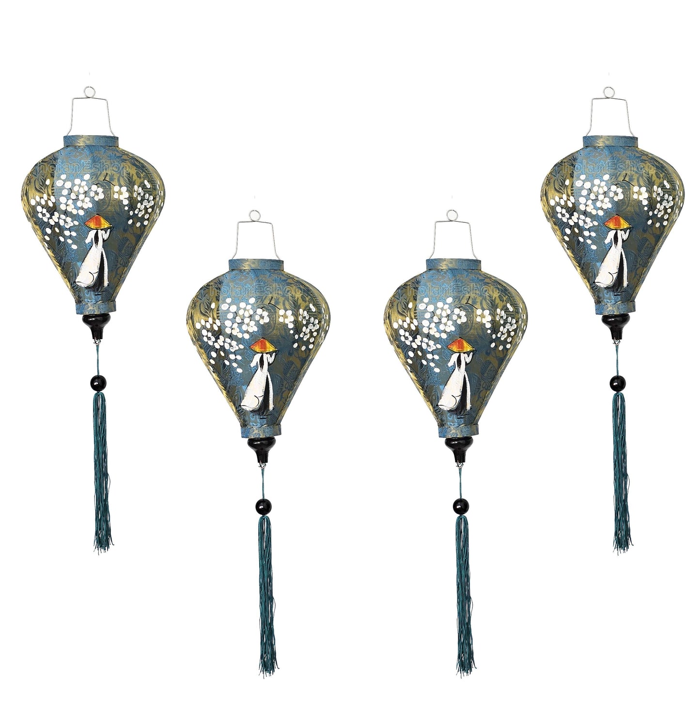 Set of 4 hoi an bamboo silk lanterns 35cm - Blue lanterns with a Vietnamese girl in Ao Dai - hand painting lantern- Personalized lantern