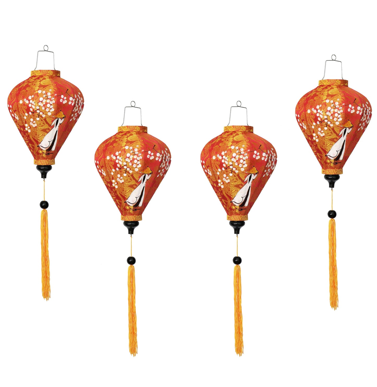 Set 4 Vietnamese silk lanterns 35cm for wedding party decor - Red lanterns with a Vietnamese girl in Ao Dai - Hand-painted lantern
