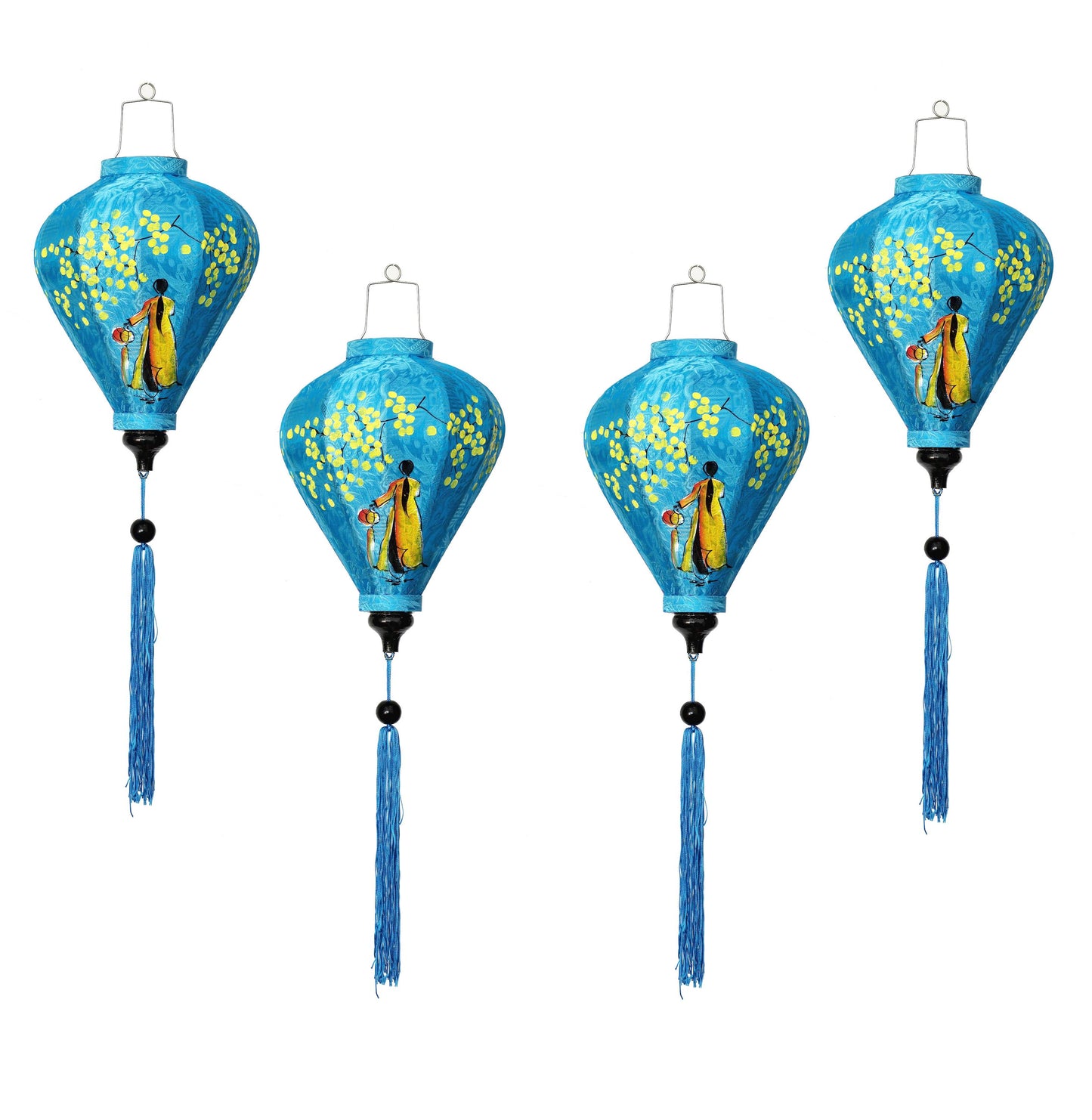 Set 4 Vietnamese silk lanterns 35cm for wedding party decor - Red lanterns with a Vietnamese girl in Ao Dai - Hand-painted lantern