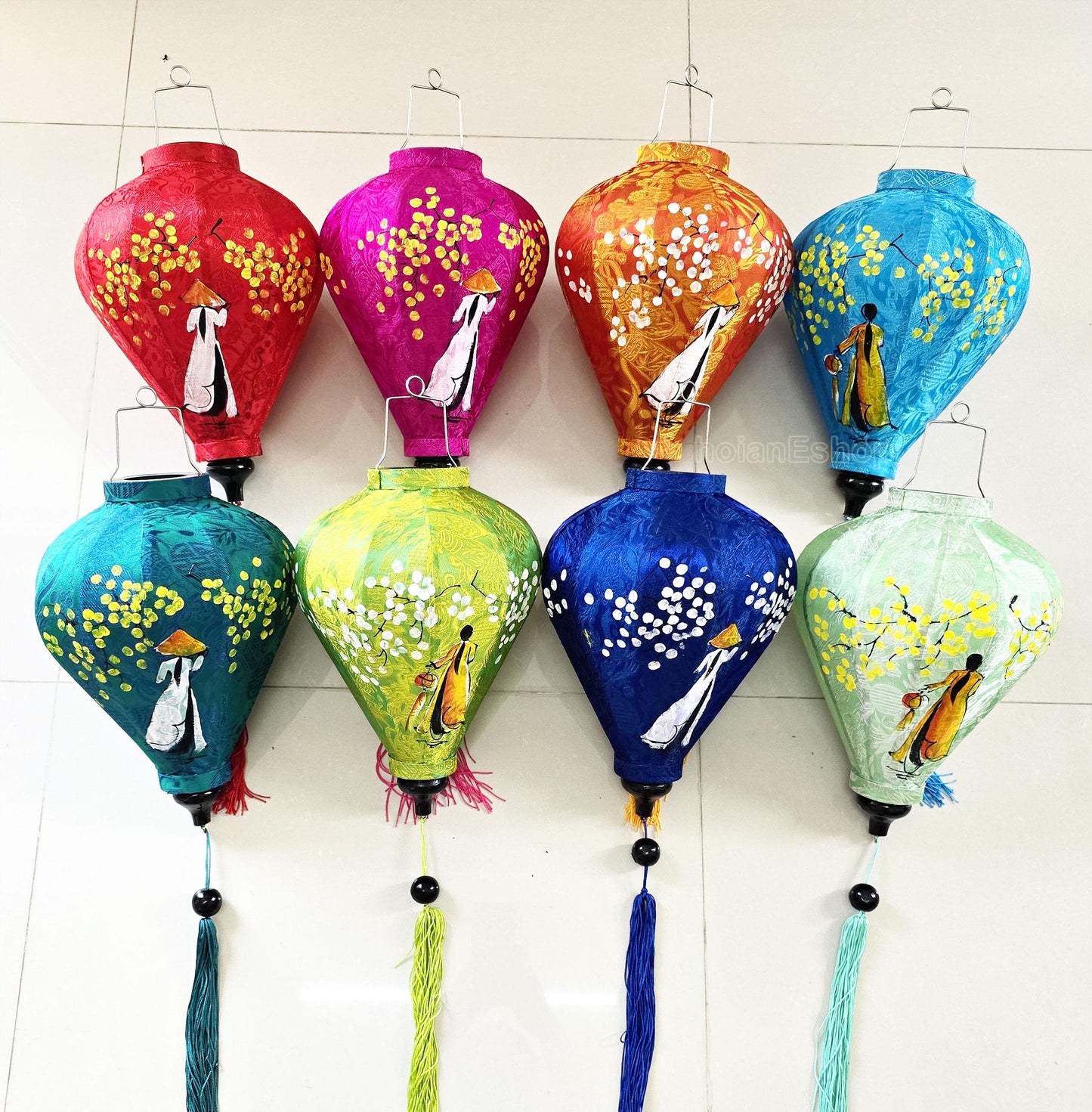 Set 8 pcs Vietnam Silk Lanterns 35cm for Wedding Party Decorations Restaurant Decor - Handpainted Lantern with Vietnamese Ao Dai Girl