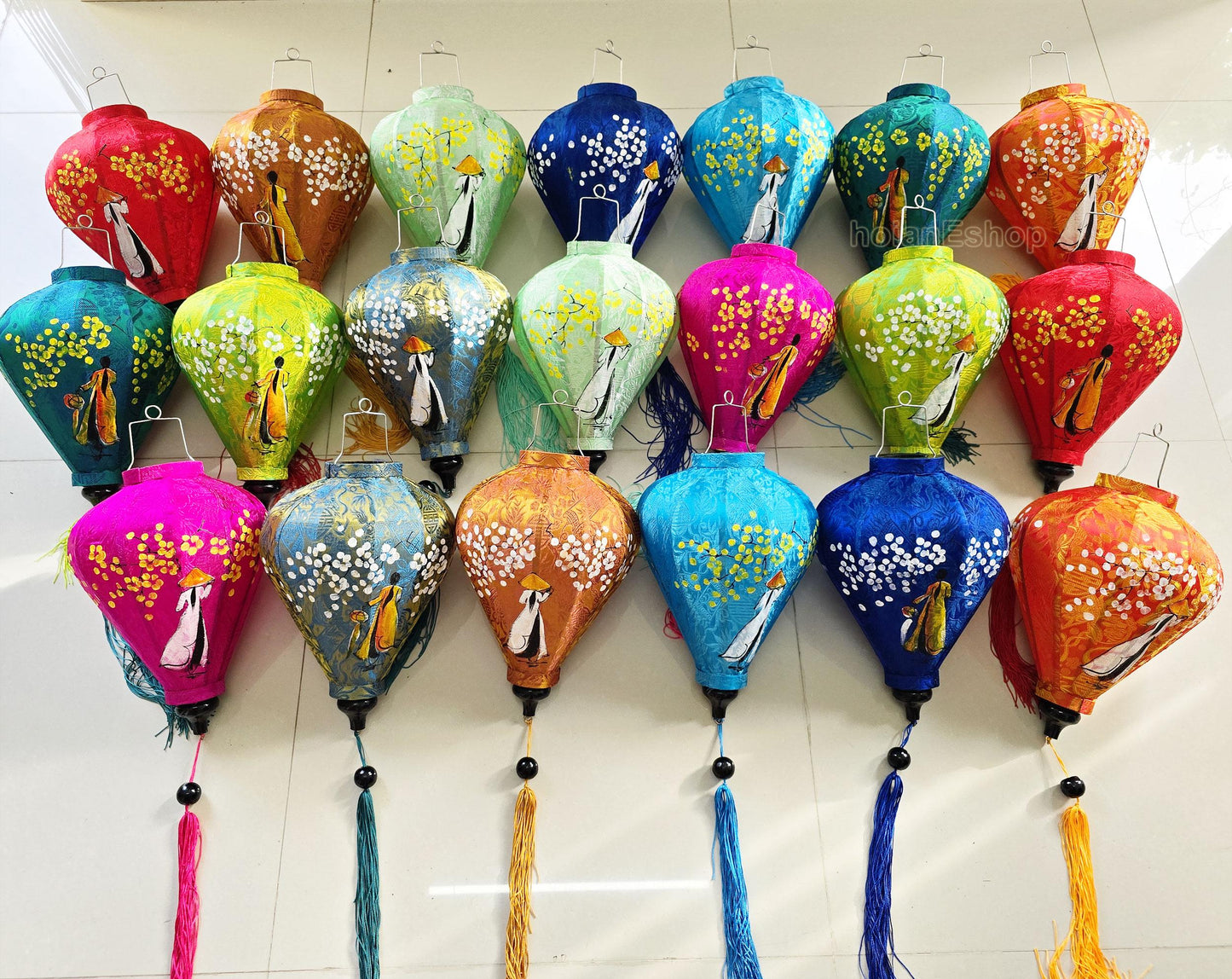 Set 8 pcs Vietnam Silk Lanterns 35cm for Wedding Party Decorations Restaurant Decor - Handpainted Lantern with Vietnamese Ao Dai Girl