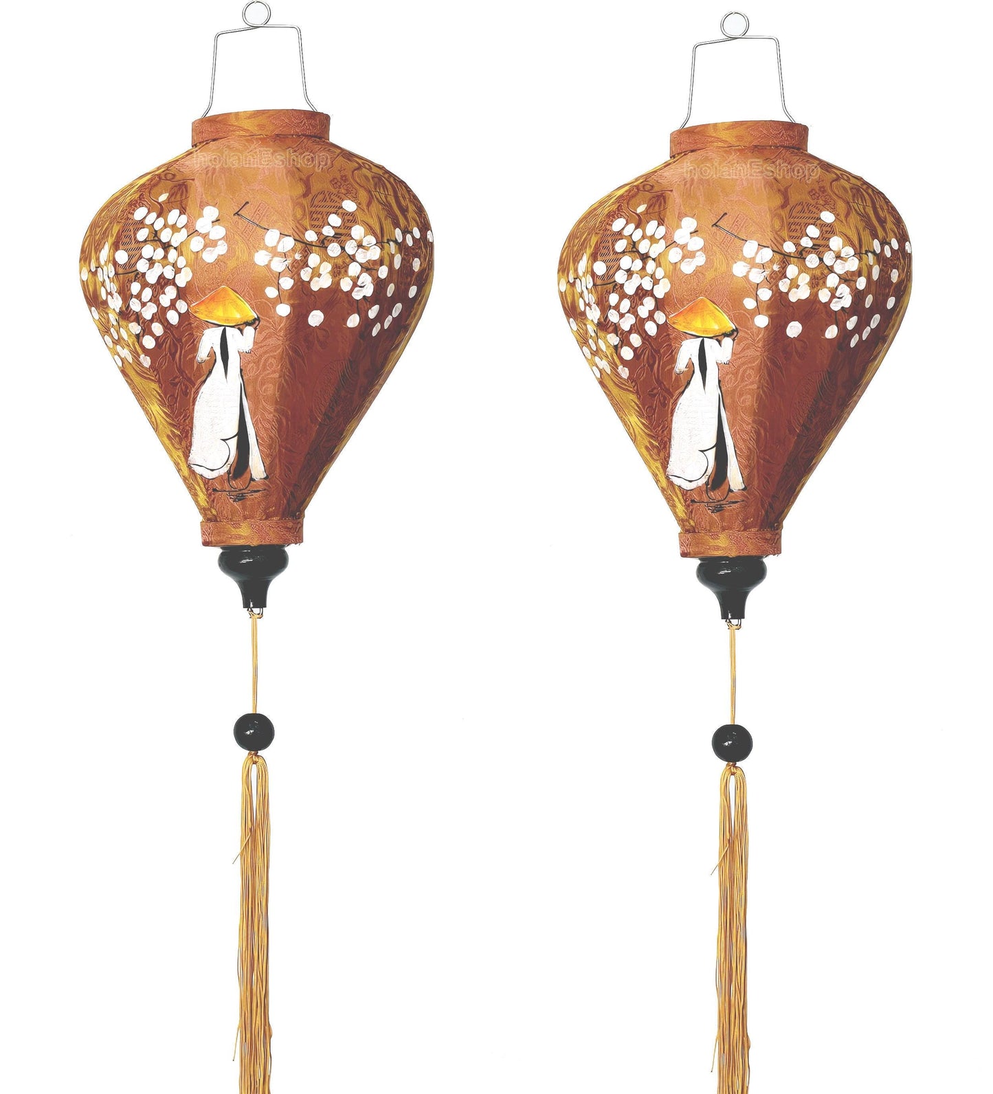 Set 2 silk lanterns 35cm for restaurant decoration - hand painting with Vietnamese girl Ao Dai - Lantern for wedding decor