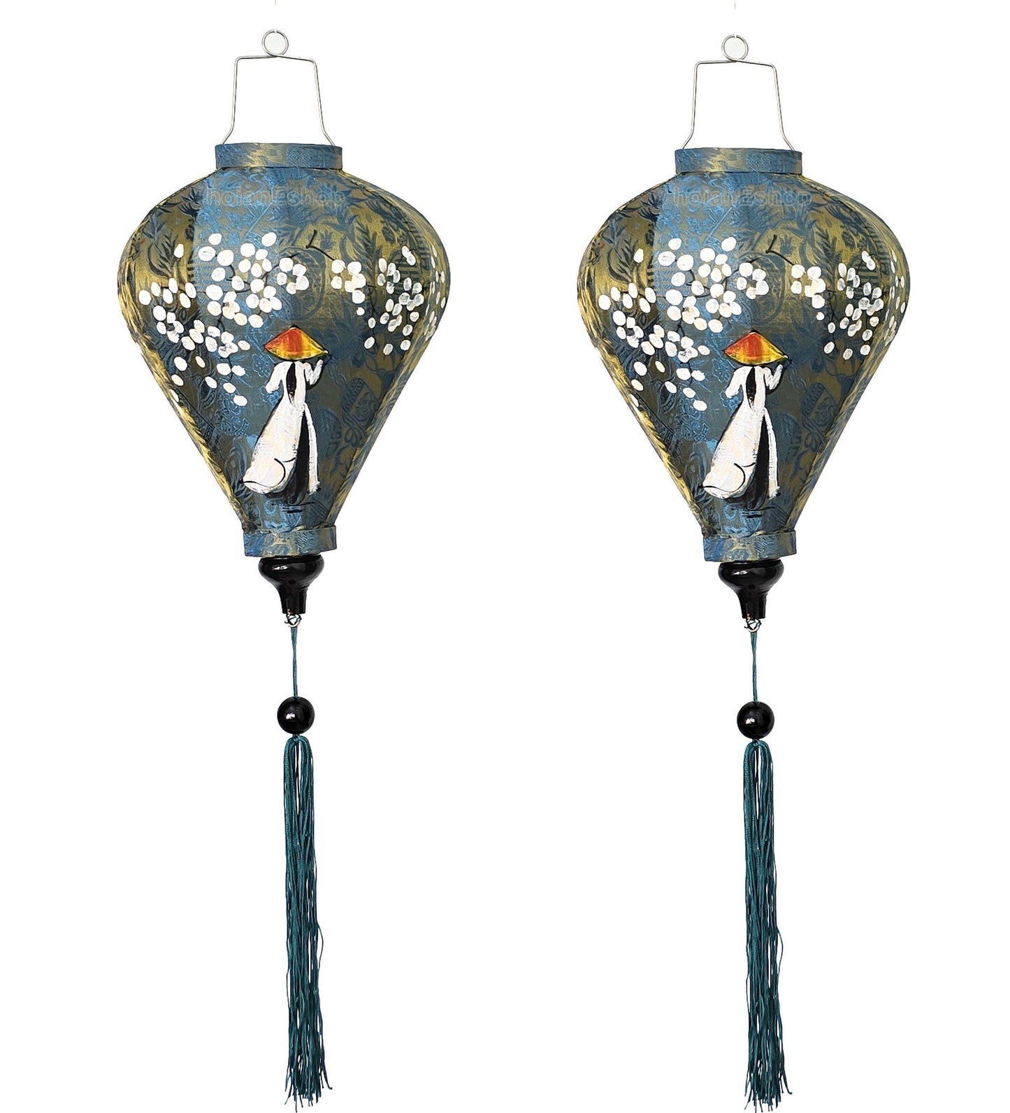 Set 2 Vietnamese Hoi An silk lanterns 35cm for restaurant decoration - handpainted lanterns Vietnamese girl Ao Dai - Lantern for wedding