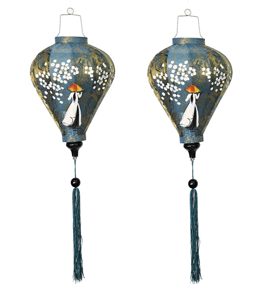 Set 2 Vietnamese Hoi An silk lanterns 35cm for restaurant decoration - handpainted lanterns Vietnamese girl Ao Dai - Lantern for wedding