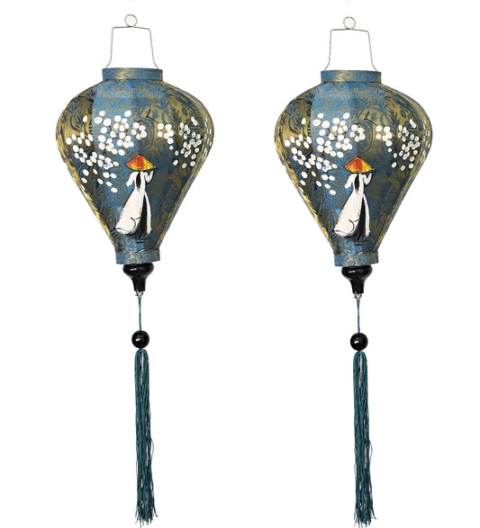Set 2 Hoi An silk lanterns 35cm for restaurant decoration - Lanterns for wedding party decoration - Painting Vietnamese girl with Ao Dai
