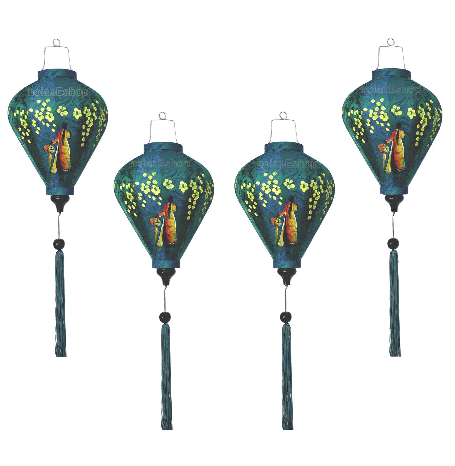Set of 4 Vietnamese Hoi An silk lanterns 35cm - Customized lanterns with a Vietnamese girl in Ao Dai Vietnam painting - Personalized lantern