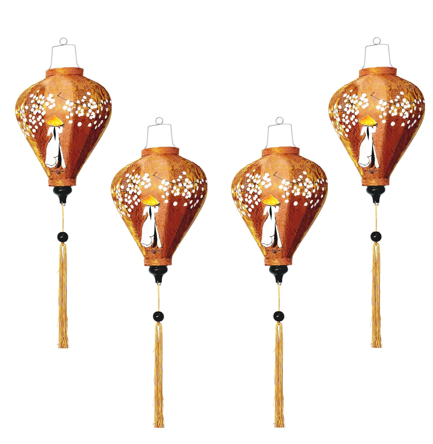 Set 4 Vietnamese silk lanterns 35cm for wedding party decor - Red lanterns with a Vietnamese girl in Ao Dai - Hand-painted lantern