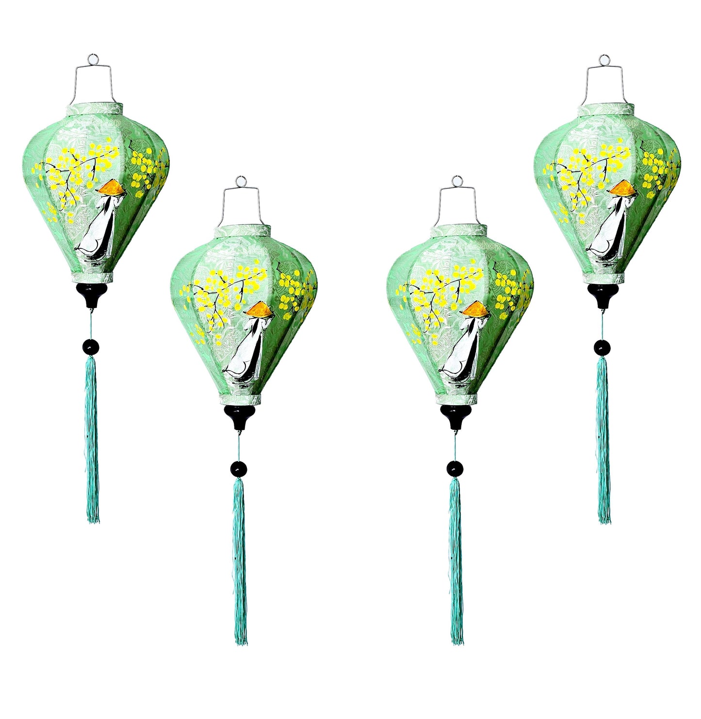 Set 4 Vietnamese silk lanterns 35cm for wedding party decor - Red lanterns with a Vietnamese girl in Ao Dai - Hand-painted lantern