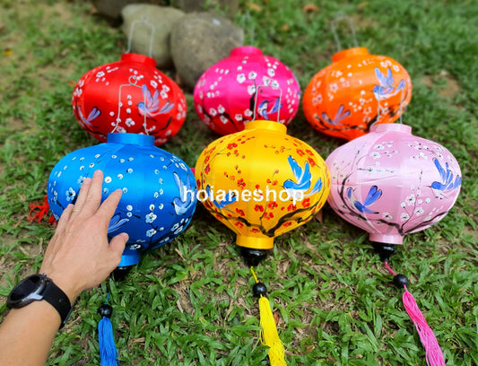 Set 6 pcs Vietnam bamboo silk lanterns 35cm, Hand painting lantern for wedding decor, garden decor, ceiling light decor, living room decor
