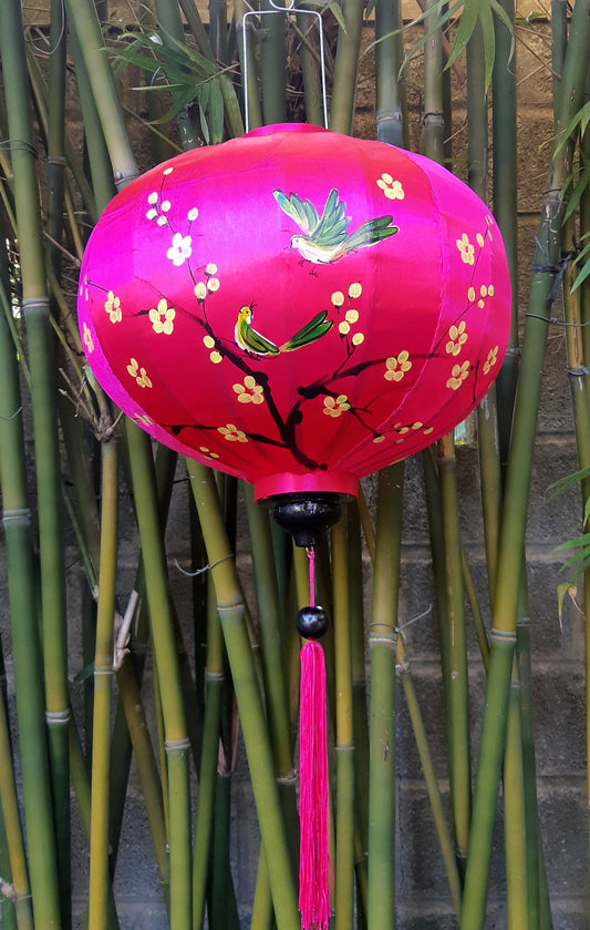 Set 2 pcs flower hoi an bamboo silk lanterns 55cm Lanterns for garden decor Outdoor Wedding decor Purple lanterns with flowers and birds