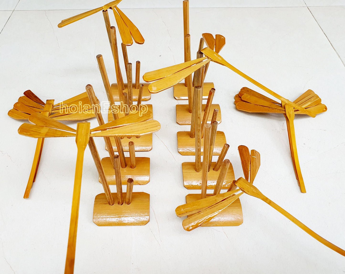 Set 10 pcs unpainted bamboo dragonflies and 10 pcs bamboo stand for dragonfly for children gifts for baby, natural toy for children