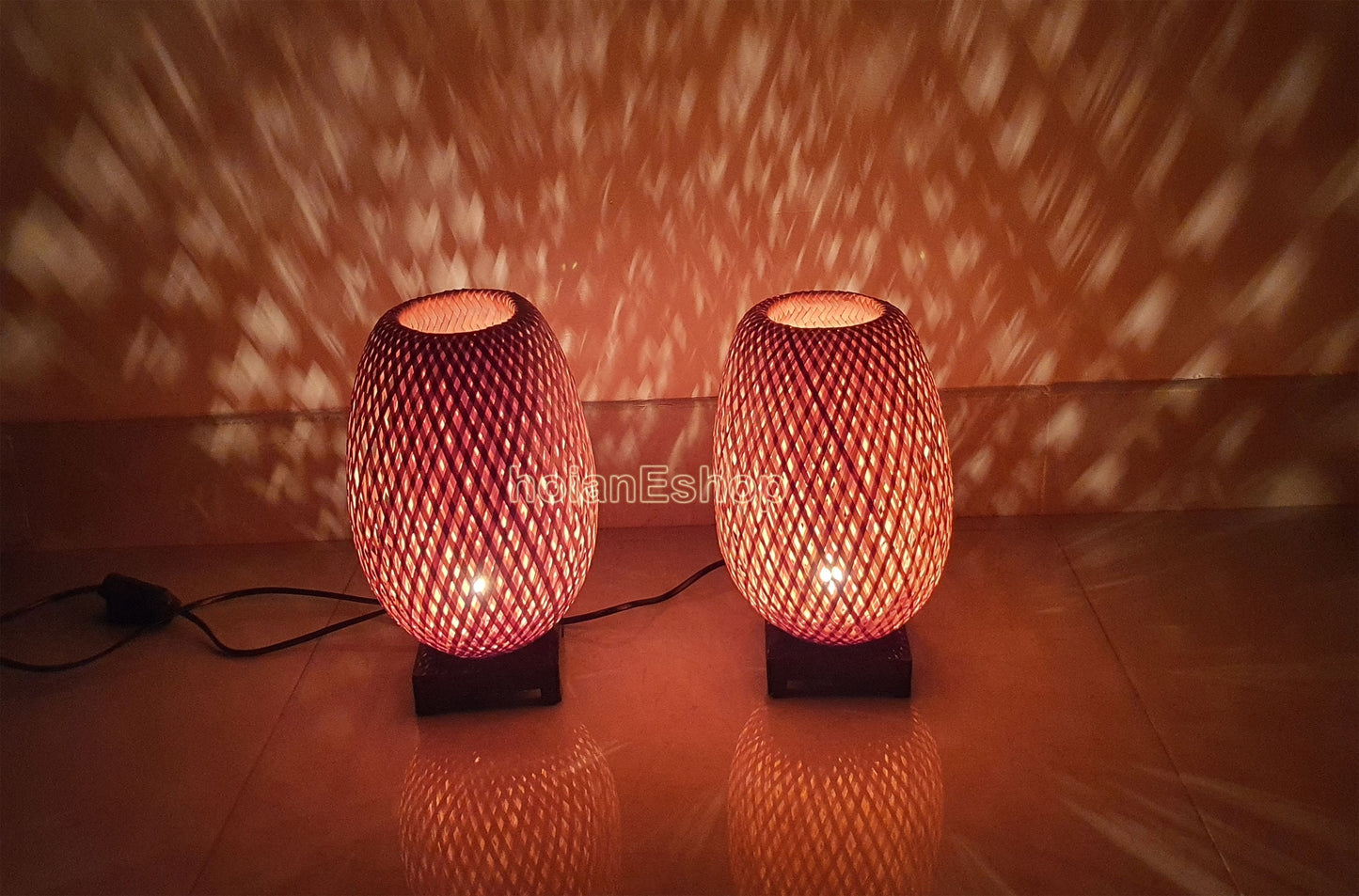 Set 2 pcs of 28cm bamboo bedside lamps with dimmer for bedroom, table lamps, floor lamps for living room, bamboo lampshade for home decor