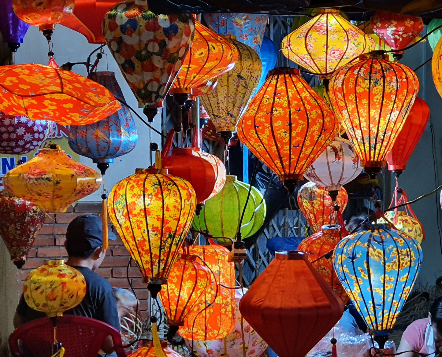 Set 8 pcs bamboo silk lanterns - Including Outdoor String of LED bulbs - Flowers 3D printed on fabric for desk restaurant decor Garden decor