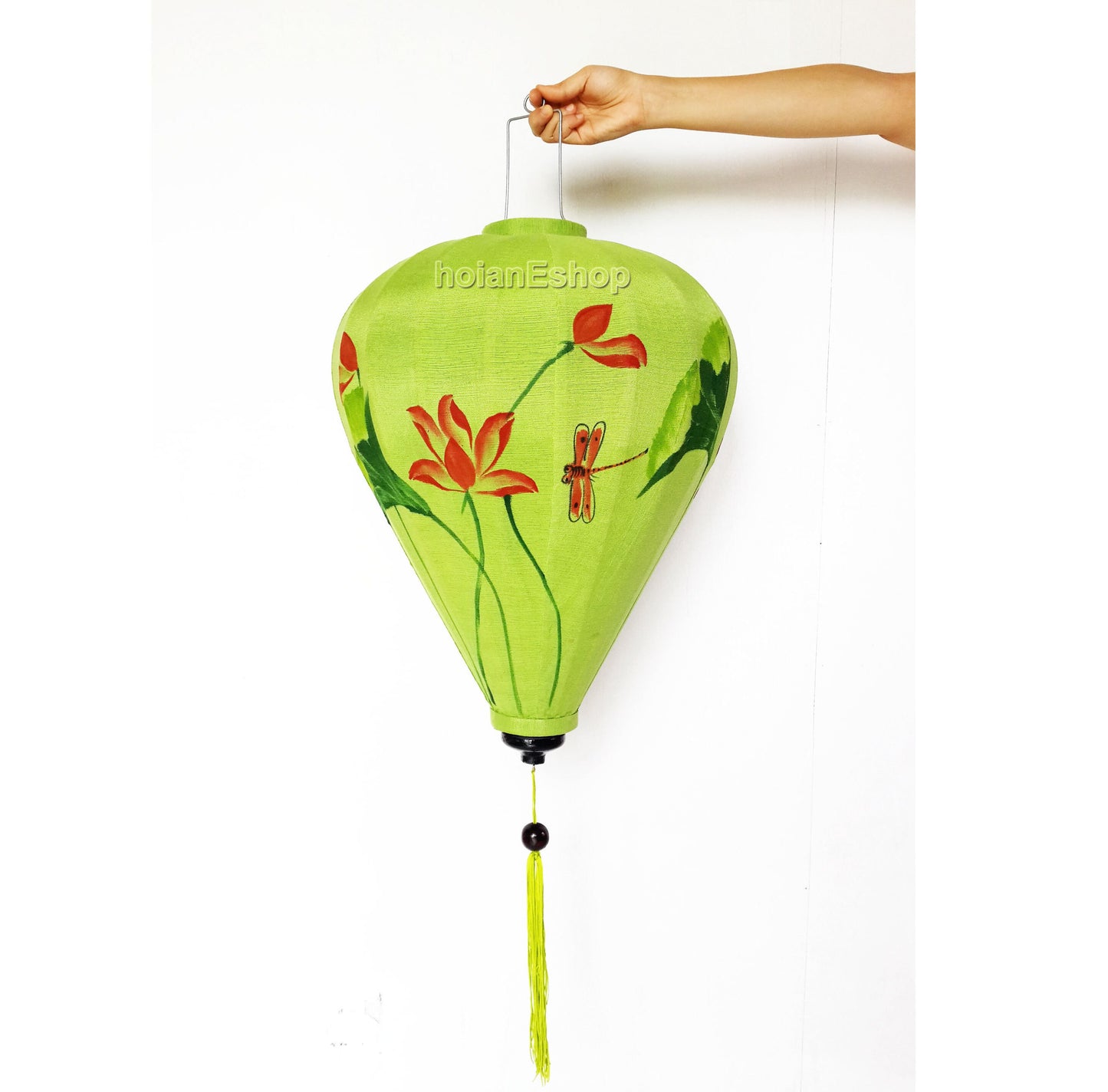 26'' Vietnamese Green Silk Lanterns Hand painted Lanterns With Lotus Flower And Dragonfly Custom Made Bamboo Lanterns 66cm
