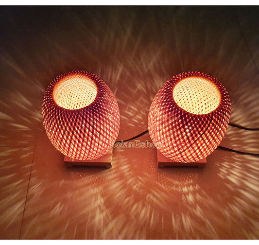 Set 2 pcs bamboo bedside lamp (20cm) with light bulb and dimmer for home decoration, Natural wooden stand