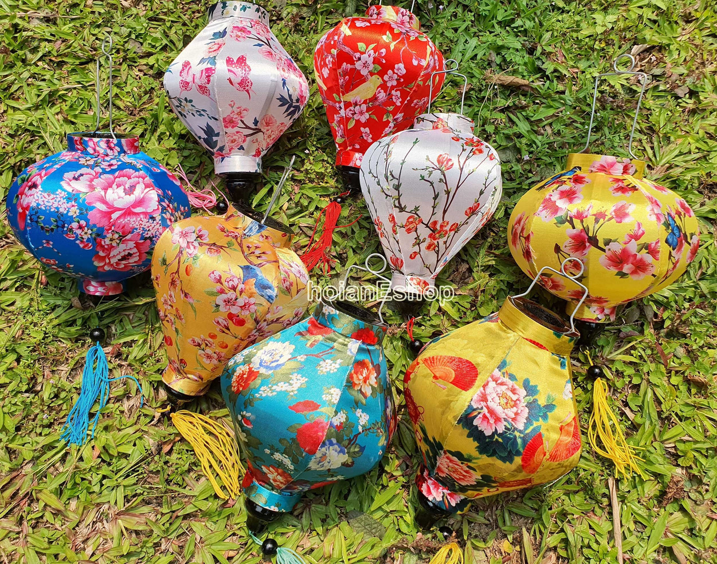 Set 8 bamboo silk lanterns 22cm with flower fabric for Wedding Party decor Ggarden decorative Lanterns for wedding tent decor