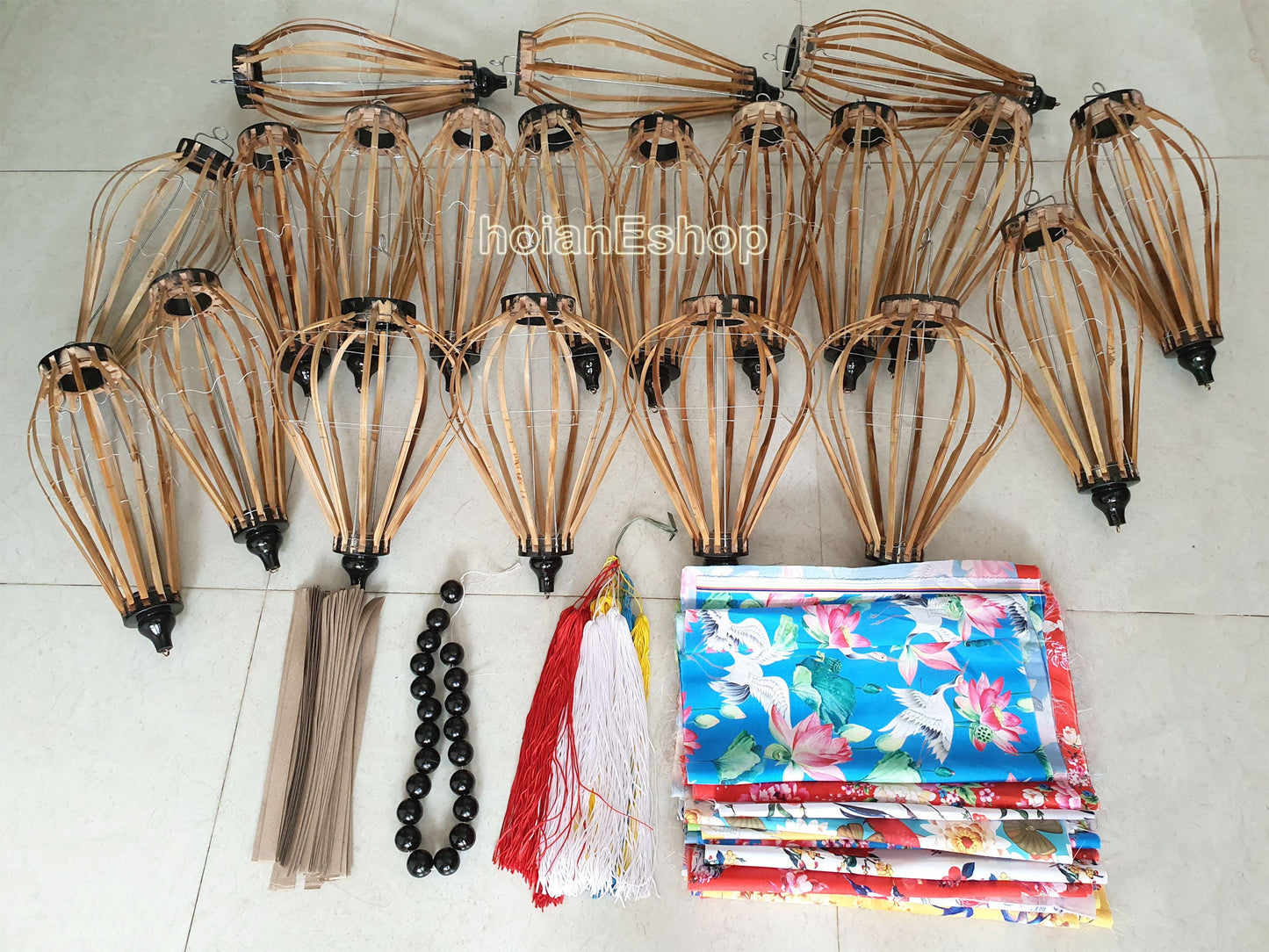 Set of 20 Hoi An lantern accessories for lantern making class - Lantern kit - Customize shape and colors (including bamboo frame, precut fabric, tassel)