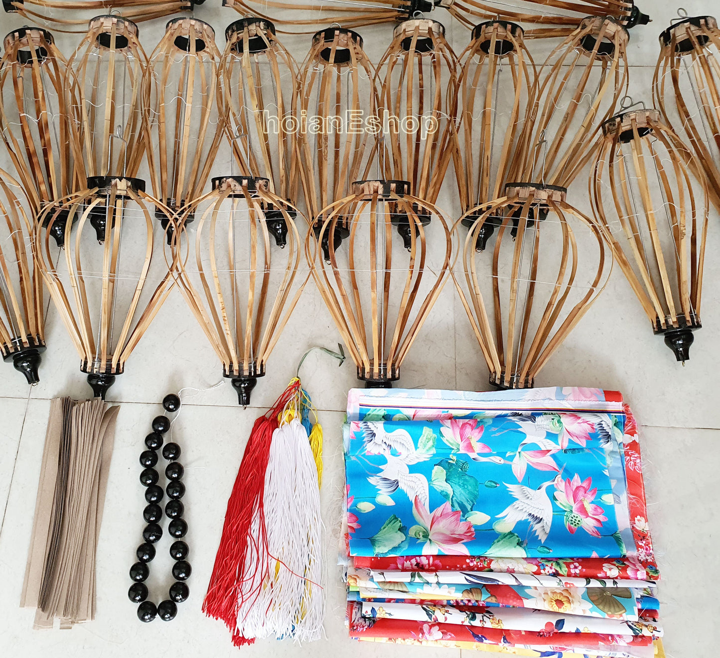 Set 8 pcs Vietnam lantern accessories for lantern making class - Lantern kit - Customize shape and colors (including bamboo frame, precut fabric, tassel)