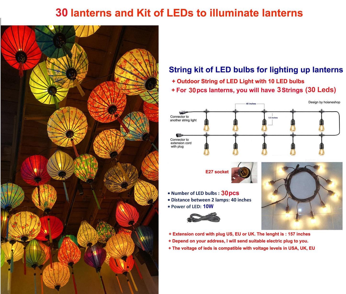 Set 30 Hoi An silk lanterns for Restaurant decor - Size 55cm - Lanterns for Restaurant decor - Outdoor and patio decor- Coffee shop hanging