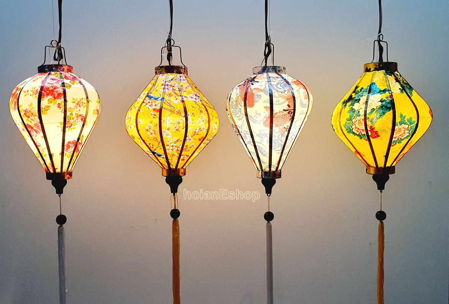 Set of 4 bamboo silk lanterns 35cm - Mix shape and color - Lantern for wedding - Wedding lighting ideas - Home front door decoration