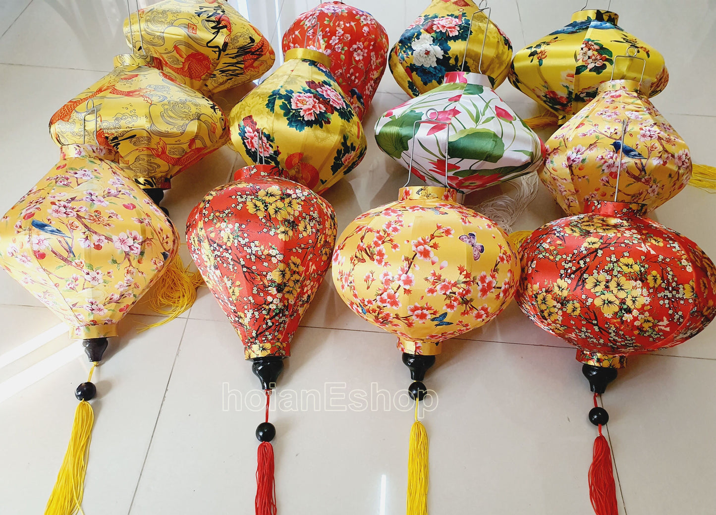 Set 12 Vietnam silk lanterns for New Year Decor - TET Decor - Wedding decorations - yellow apricot flowers - cherry blossom