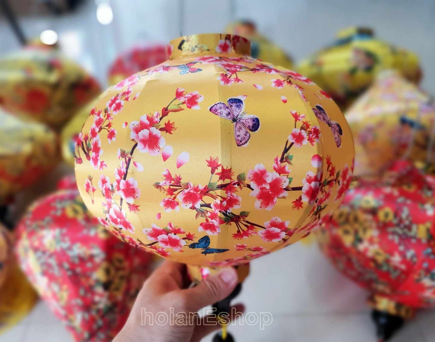 Set 12 Vietnam silk lanterns for New Year Decor - TET Decor - Wedding decorations - yellow apricot flowers - cherry blossom