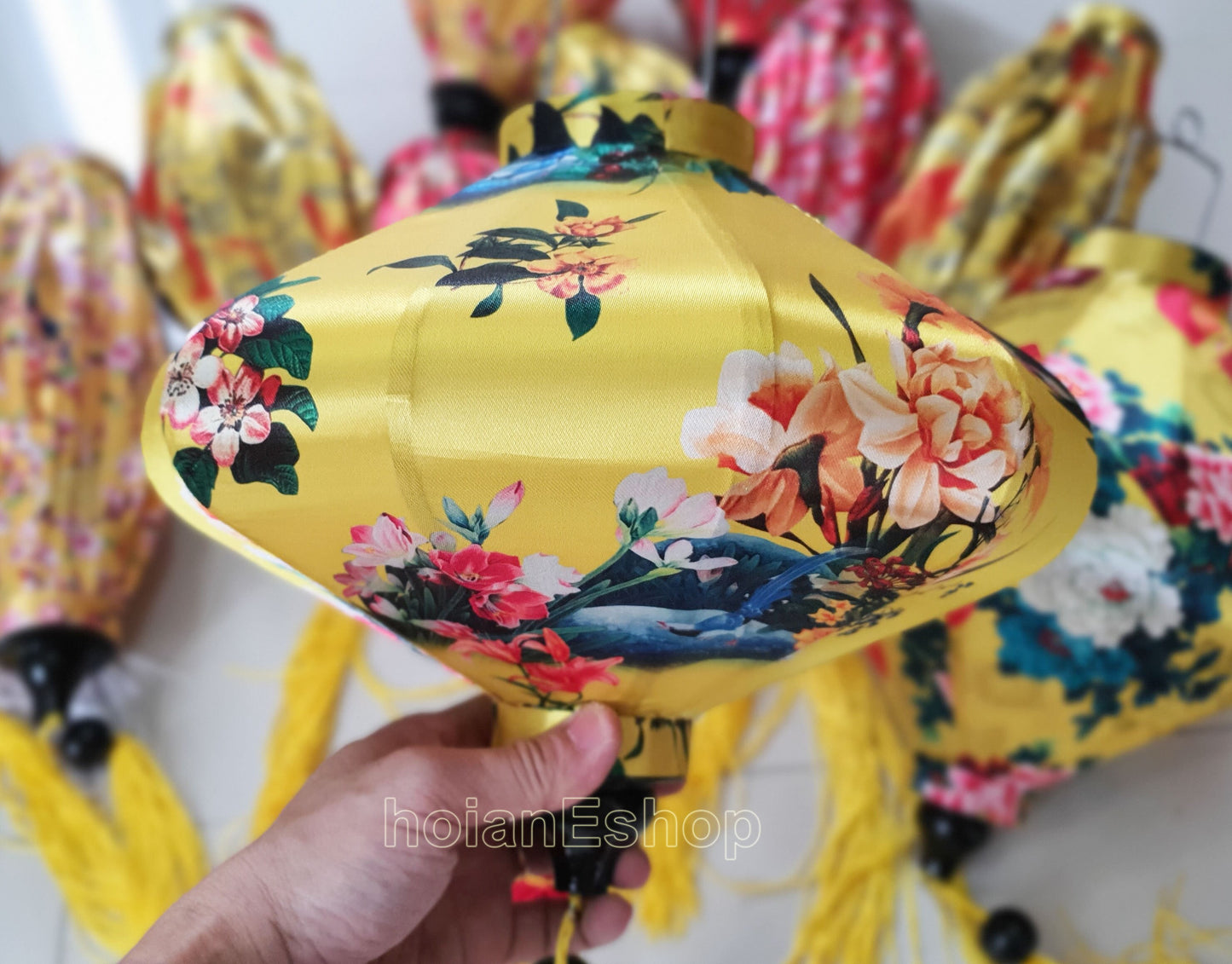 Set 12 Vietnam silk lanterns for New Year Decor - TET Decor - Wedding decorations - yellow apricot flowers - cherry blossom