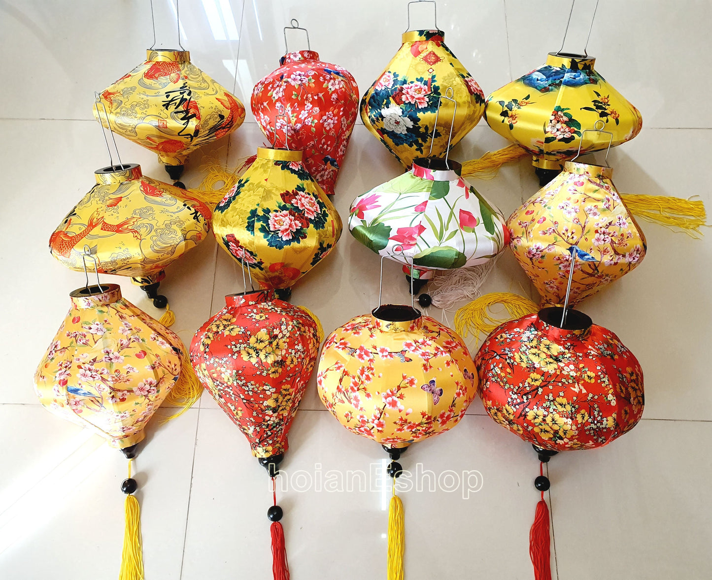 Set 12 Vietnam silk lanterns for New Year Decor - TET Decor - Wedding decorations - yellow apricot flowers - cherry blossom