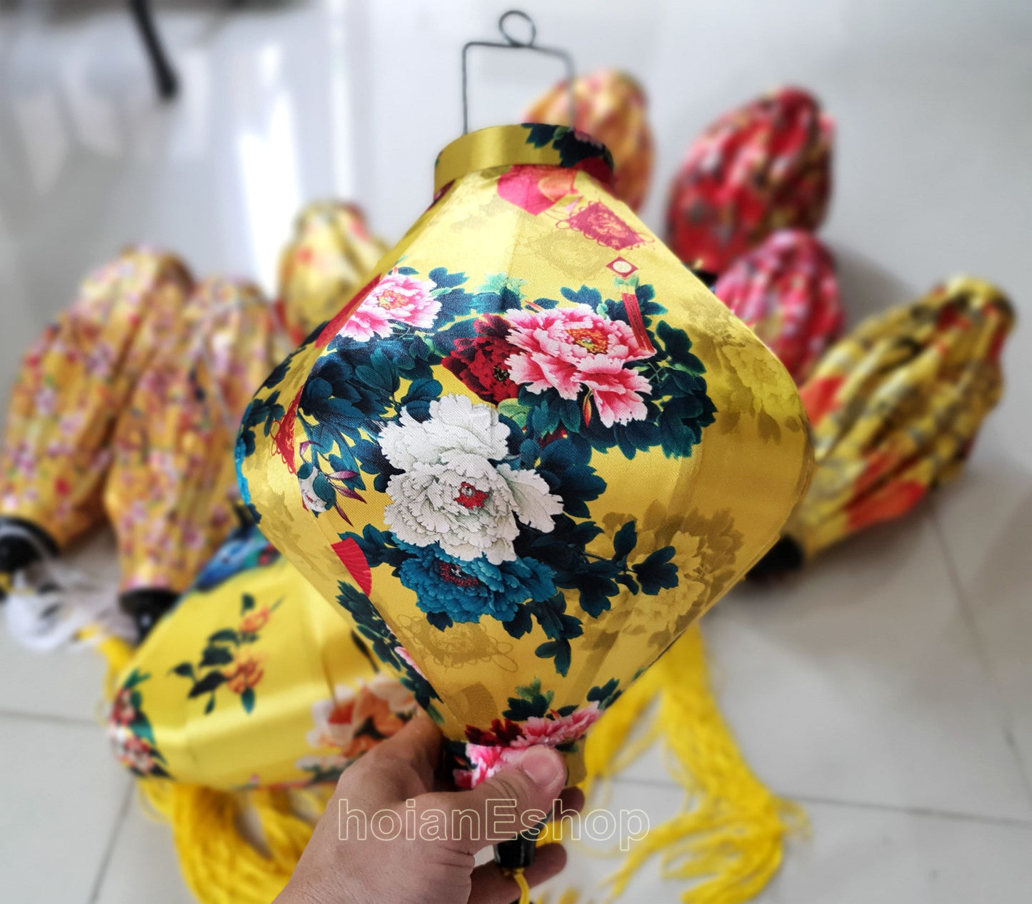 Set 12 Vietnam silk lanterns for New Year Decor - TET Decor - Wedding decorations - yellow apricot flowers - cherry blossom