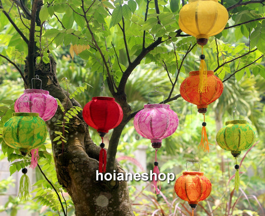 Set of 16 mini bamboo silk lanterns 10cm for pine christmas, Vietnamese bamboo lanterns for garden decorating