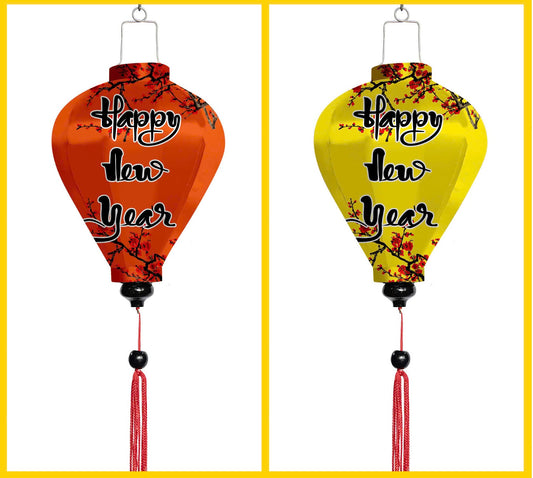 Set of 20 Silk Lanterns for New Year Decoration, TET Decor, Lanterns with fabric of yellow apricot blossom, peach blossom