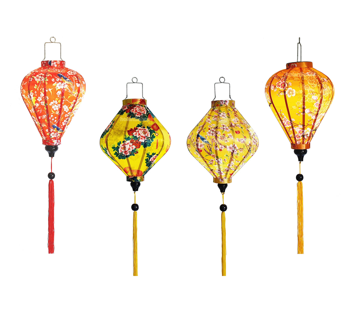 Set 4 Vietnam Silk Lanterns with Apricot flowers fabric for New Year Decorations - TET Decorations - Cherry blossom fabric for Wedding decor